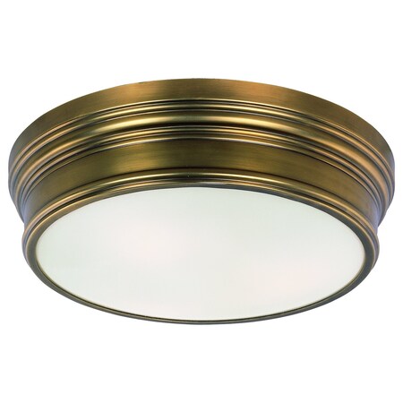 Maxim Three Light Satin White Glass Natural Aged Brass Drum Shade Flush Moun 22371SWNAB